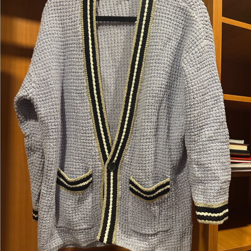 Maje Light Lavender Knit Cardigan with Black and Cream Trim